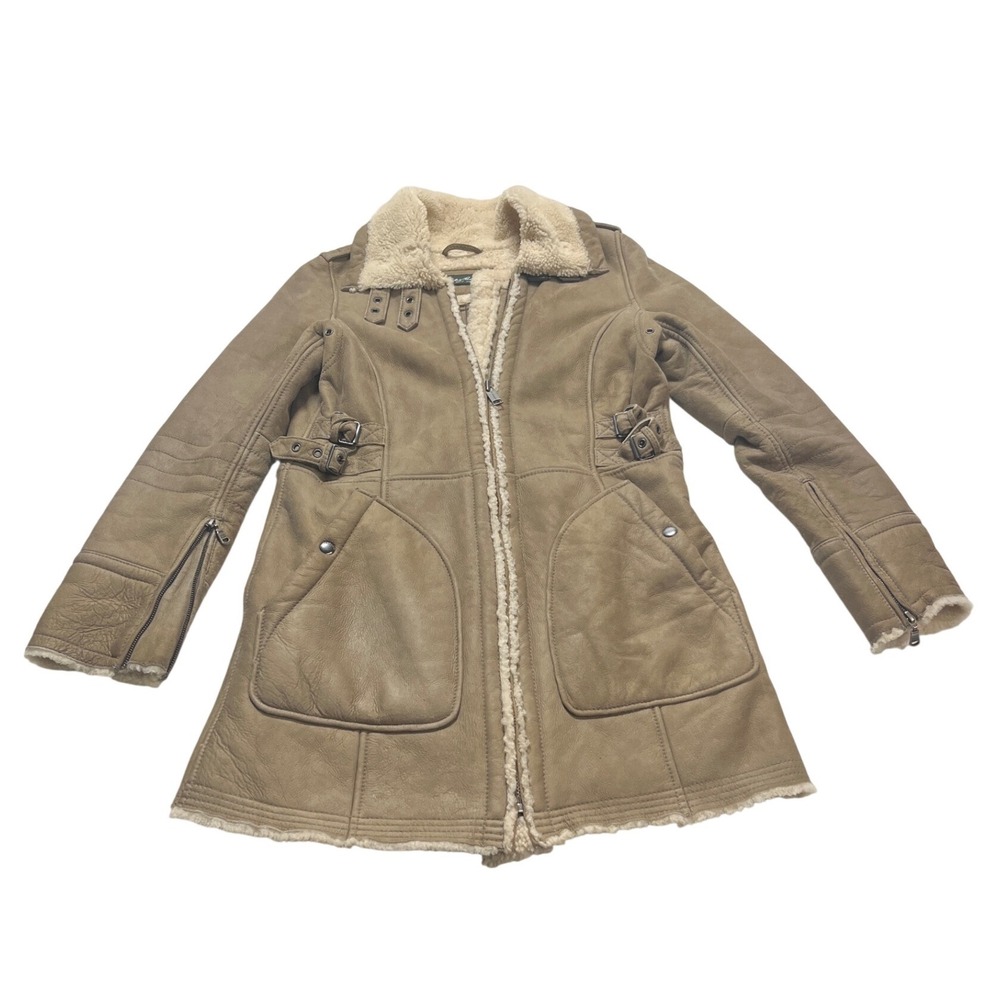 Eddie Bauer Suede Tan Leather Shearling Lined Aviator Coat VTG Punk Y2K